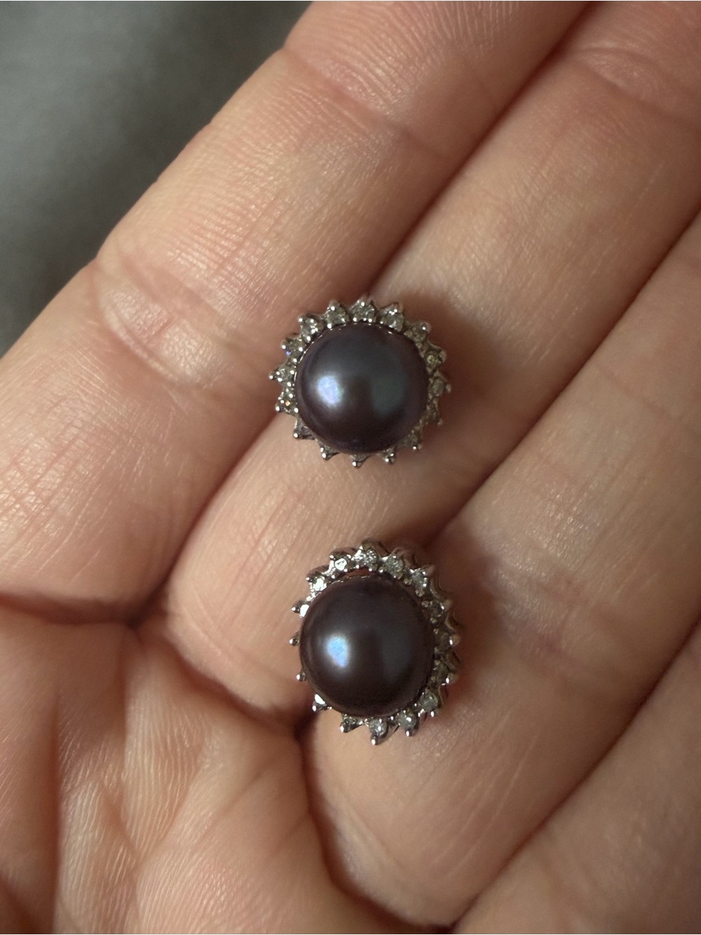 Authentic White Gold, Grey Pearl & Diamond Earrings